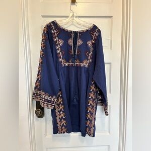 Free People Dress Womens L Navy Starlight Mini Embroidered Aztec Linen Blend